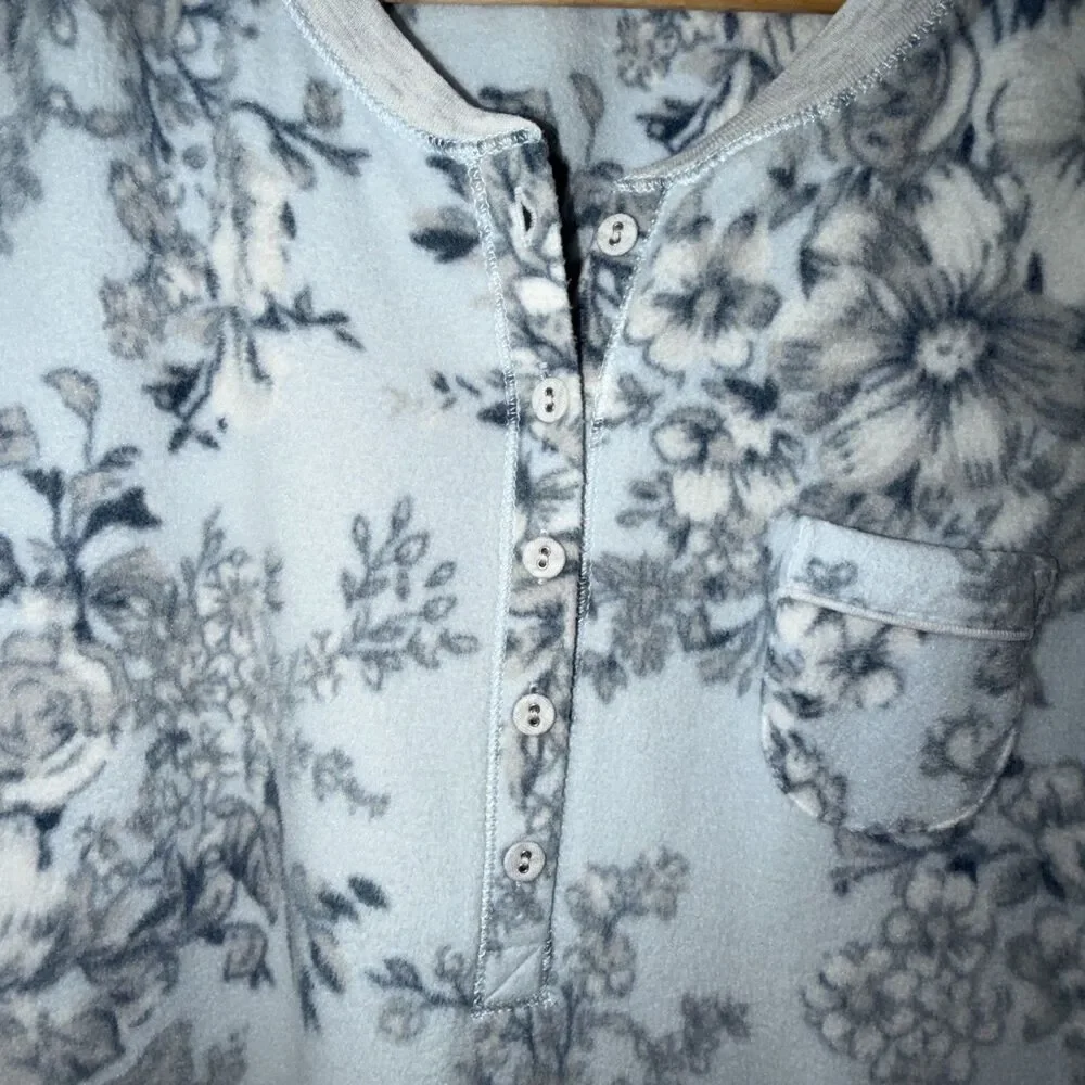 Miss Elaine Classic Blue Fleece Nightgown M  Super Soft Floral Polyester Pullove